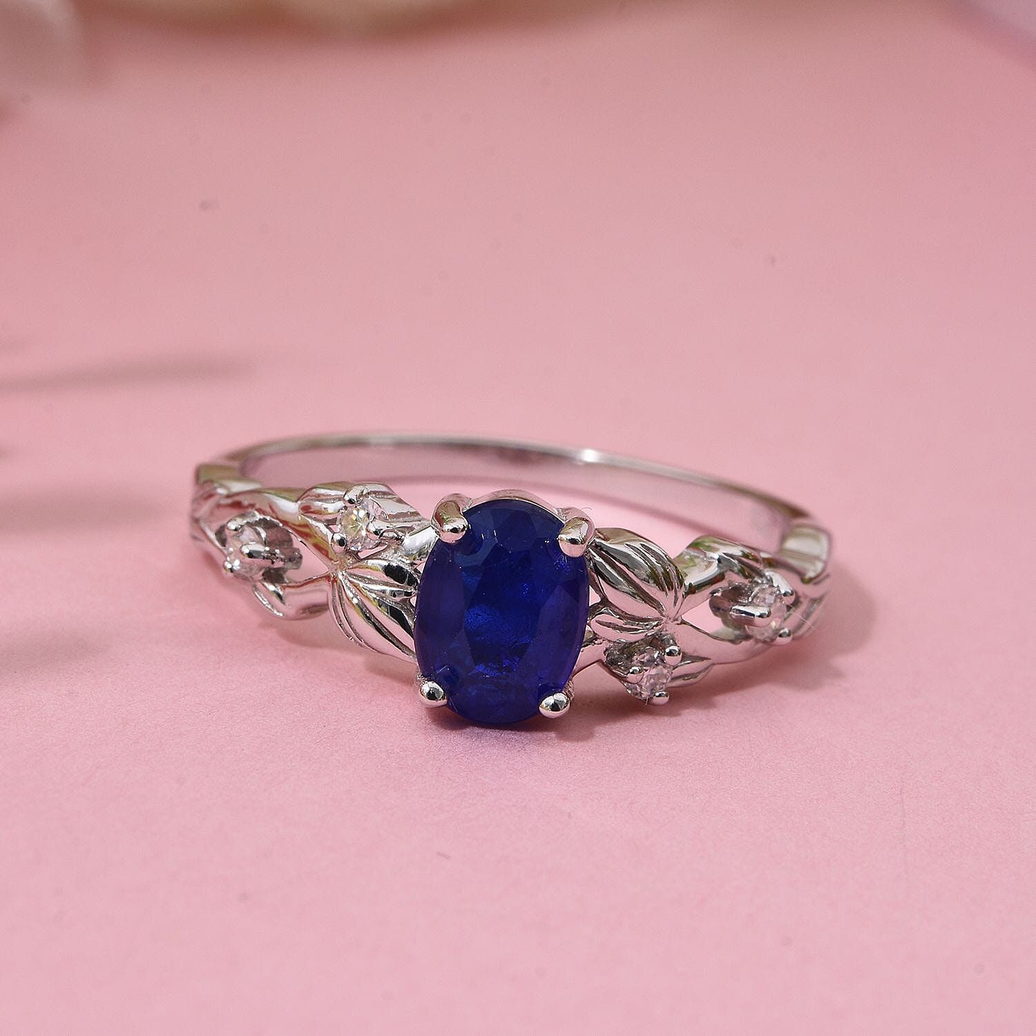 Premium Vietnamese Cobalt Blue Spinel & Moissanite Ring in Rhodium Overlay Sterling Silver 1.00 Ct.