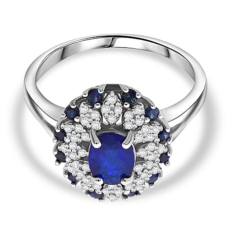 Premium Vietnamese Cobalt Blue Spinel, Blue Sapphire & White Zircon Ring in Rhodium Overlay Sterling Silver 2.15 Ct.