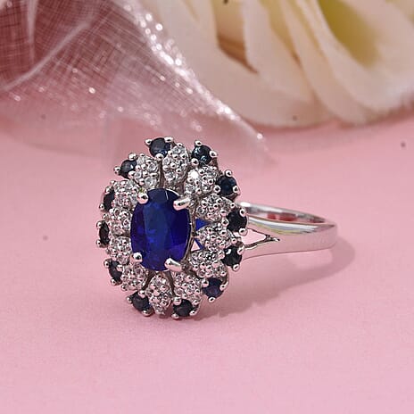 Premium Vietnamese Cobalt Blue Spinel, Blue Sapphire & White Zircon Ring in Rhodium Overlay Sterling Silver 2.15 Ct.