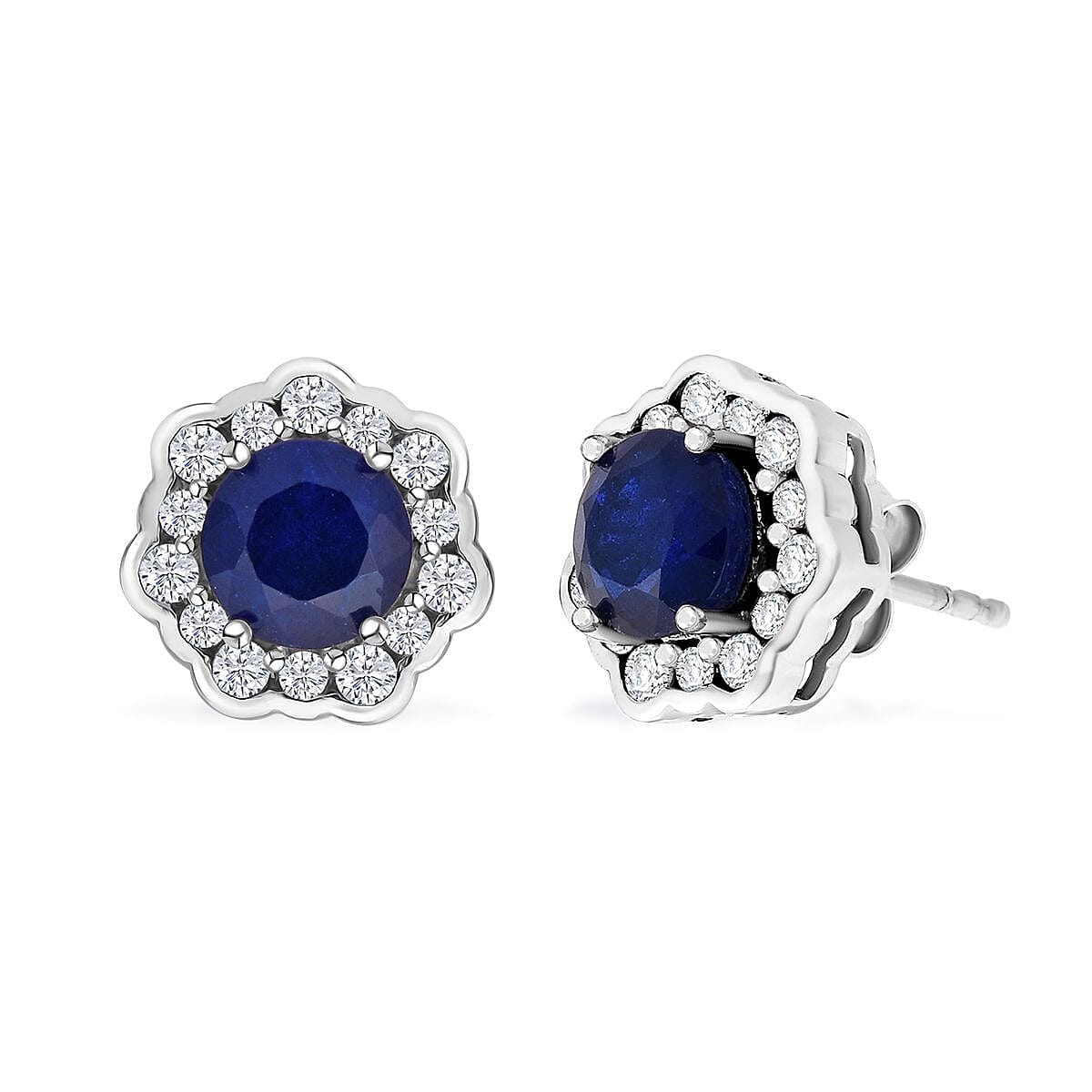 Premium Vietnamese Cobalt Blue Spinel & White Zircon Earring with Push Back in Rhodium Overlay Sterling Silver 2.56 Ct.