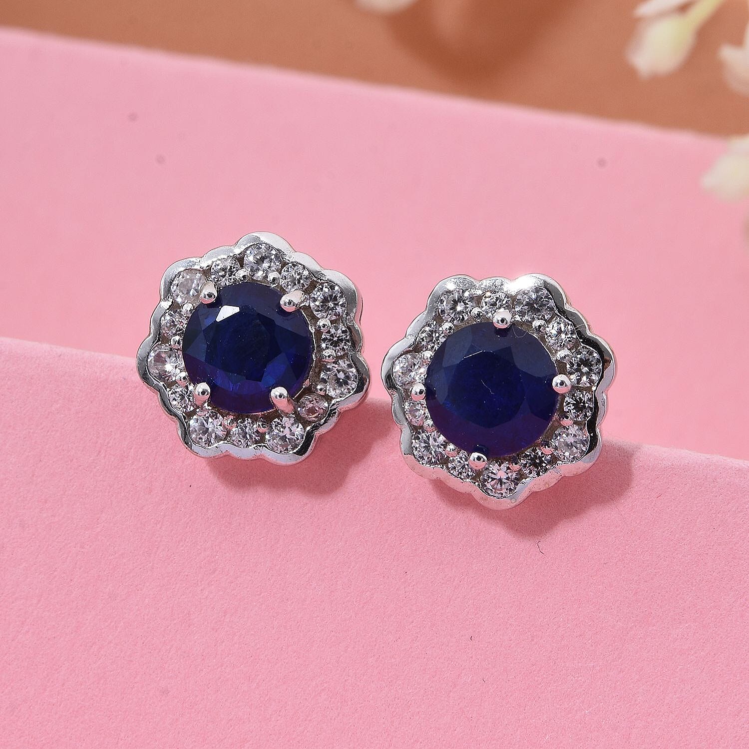 Premium Vietnamese Cobalt Blue Spinel & White Zircon Earring with Push Back in Rhodium Overlay Sterling Silver 2.56 Ct.