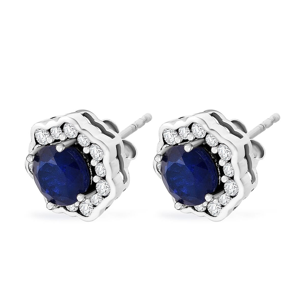 Premium Vietnamese Cobalt Blue Spinel & White Zircon Earring with Push Back in Rhodium Overlay Sterling Silver 2.56 Ct.
