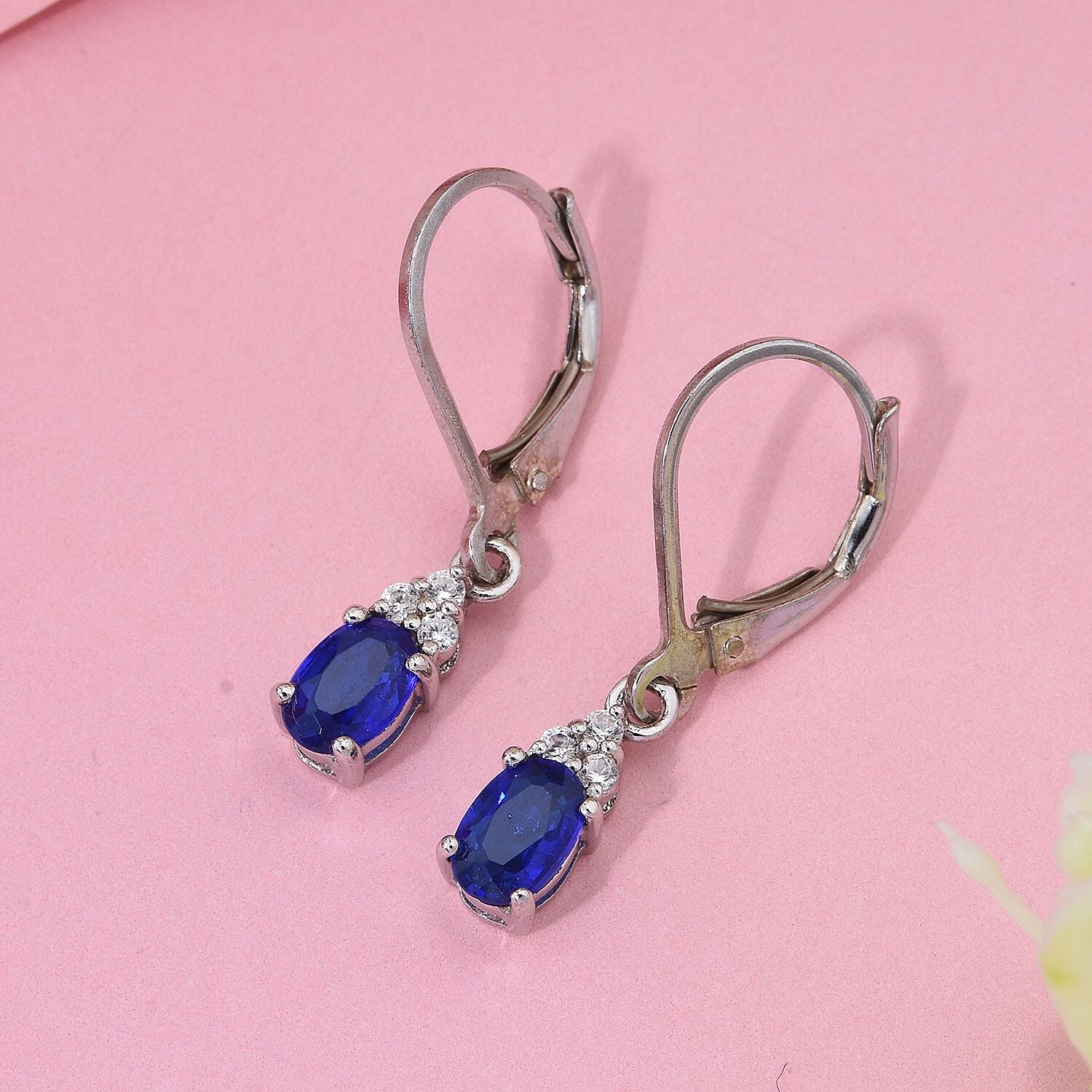Premium Vietnamese Cobalt Blue Spinel & White Zircon Earring with Lever Back in Rhodium Overlay Sterling Silver 1.21 Ct.