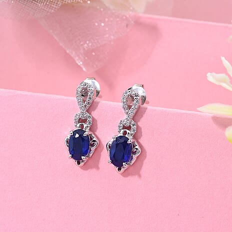 Blue Spinel & White Zircon Push Back Earring in Rhodium Overlay Sterling Silver 1.36 Ct.