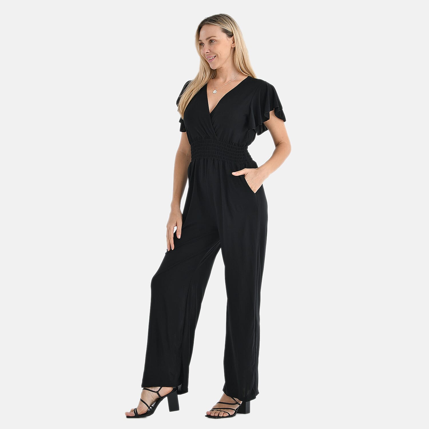 Tamsy Smocked Waist Stretch Jersey Jumpsuit (Size M) - Black