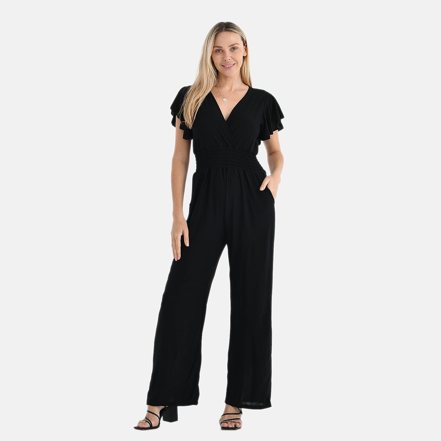 Tamsy Smocked Waist Stretch Jersey Jumpsuit (Size M) - Black