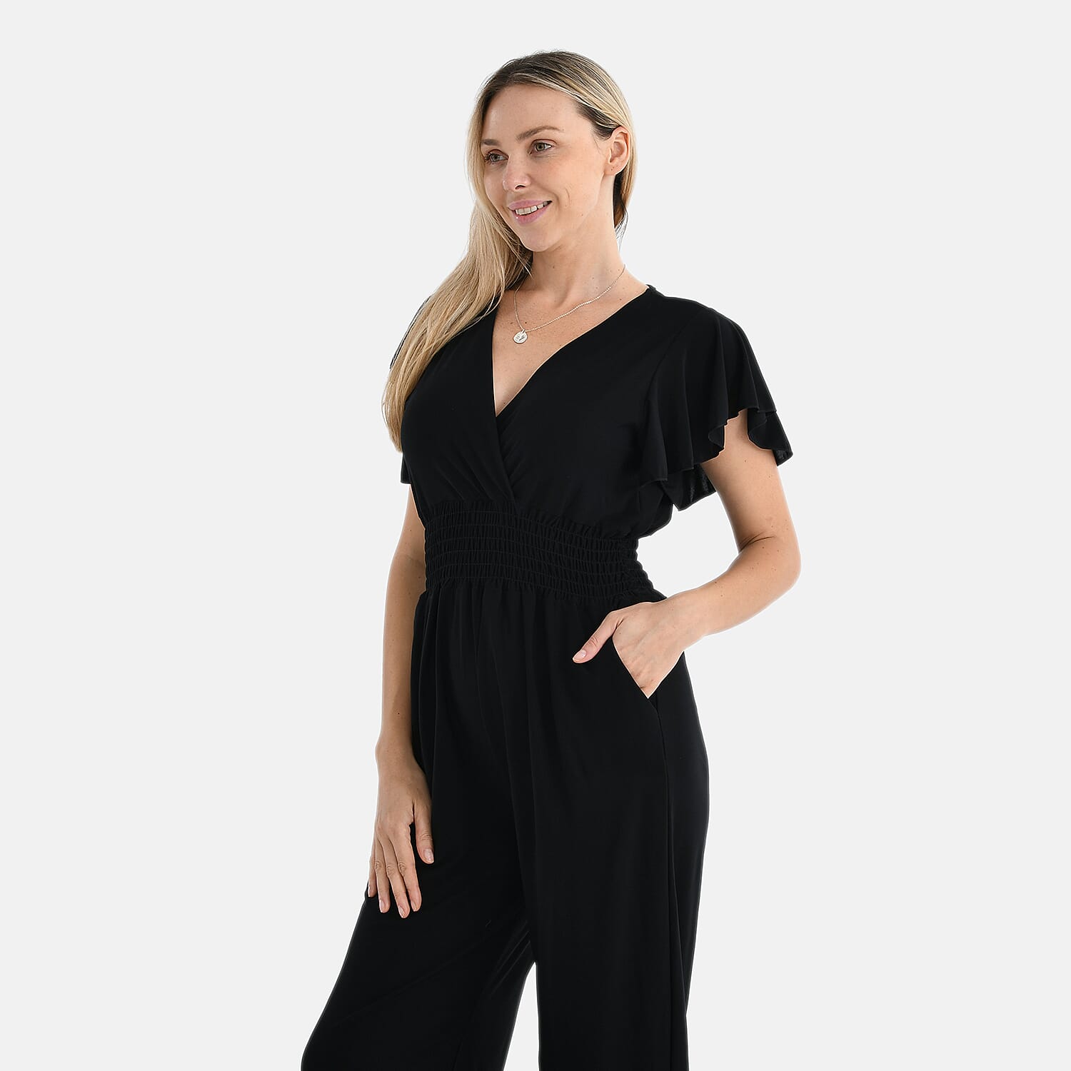 Tamsy Smocked Waist Stretch Jersey Jumpsuit (Size M) - Black