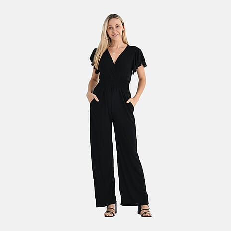 Tamsy Smocked Waist Stretch Jersey Jumpsuit (Size L) - Black