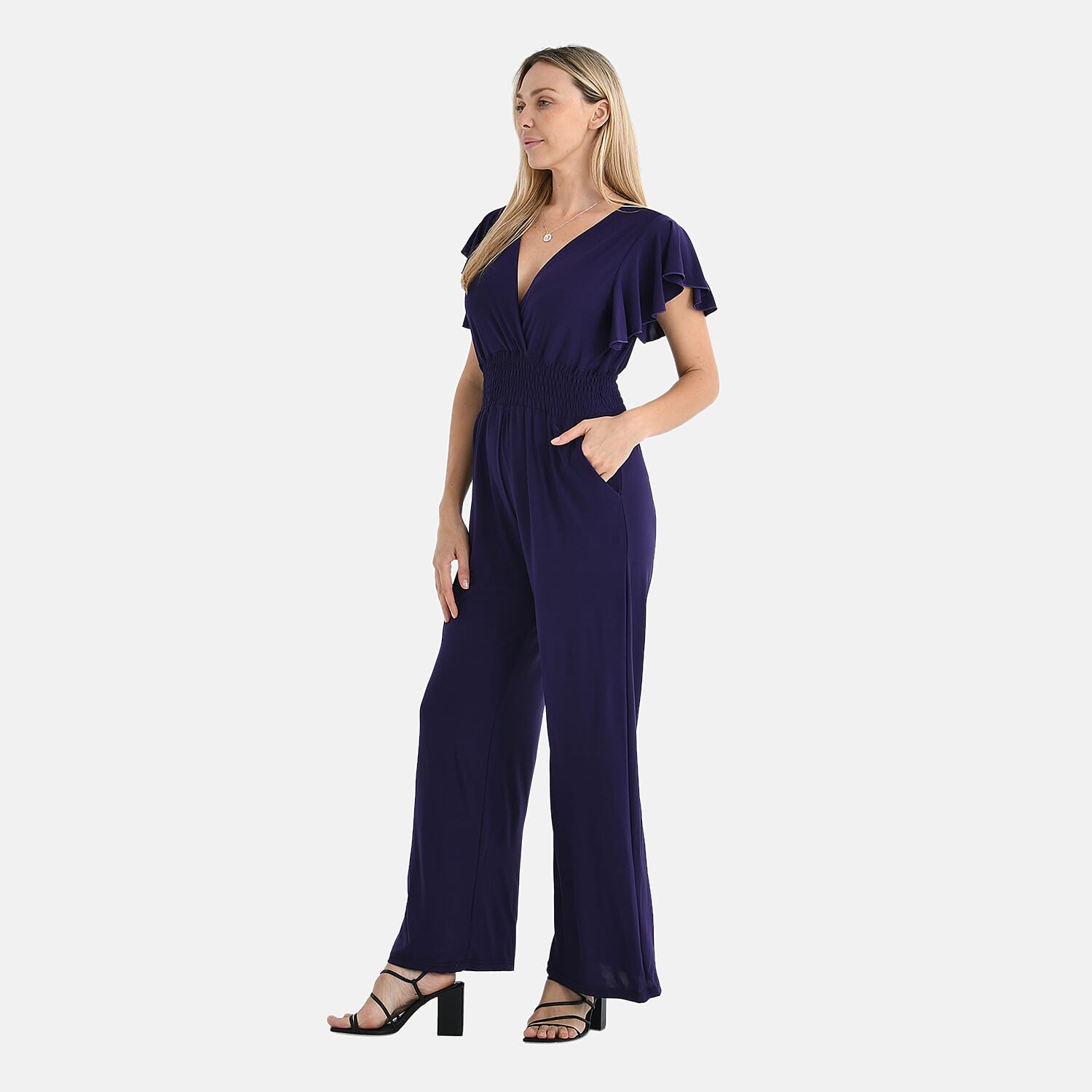 Tamsy Smocked Waist Stretch Jersey Jumpsuit (Size M) - Black
