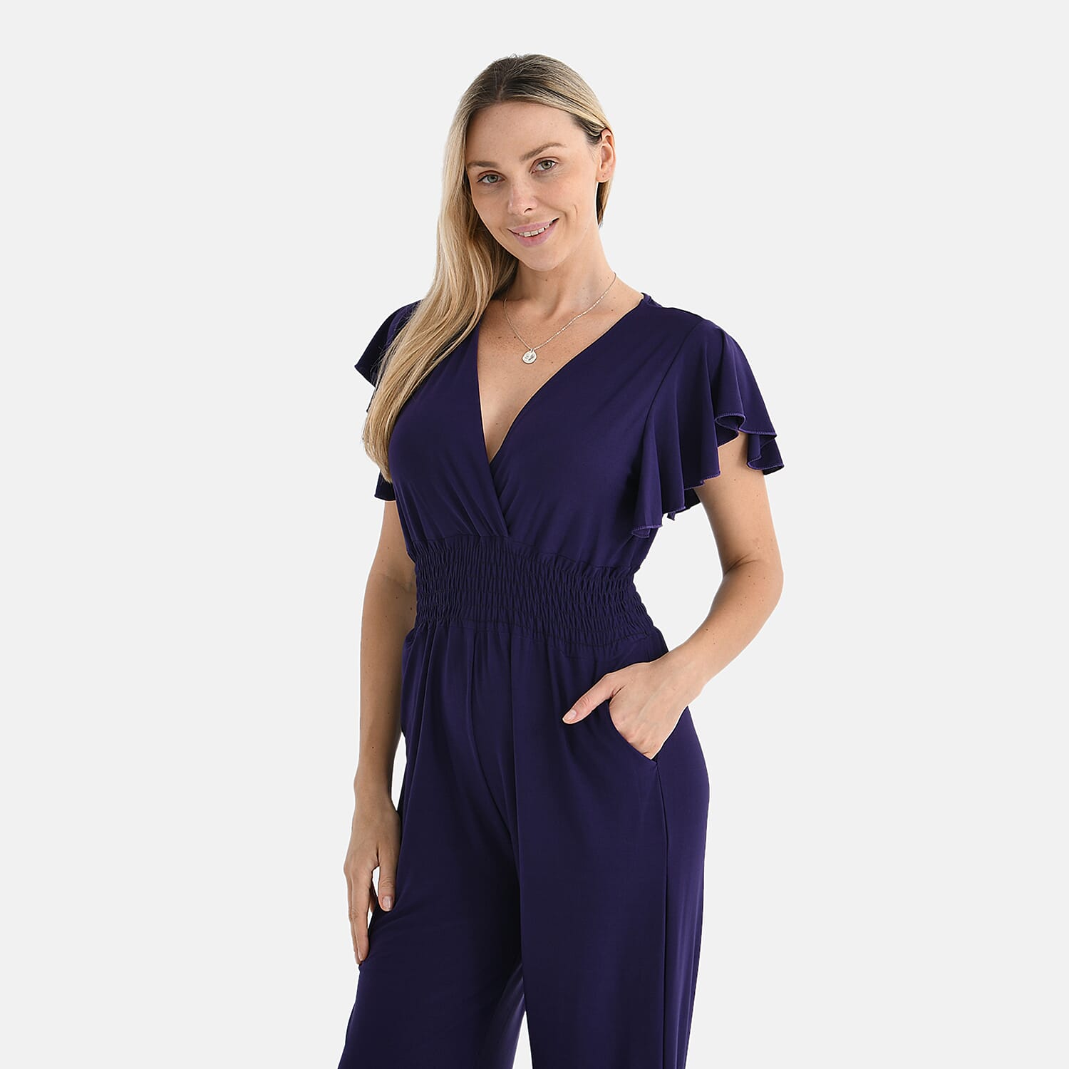 Tamsy Smocked Waist Stretch Jersey Jumpsuit (Size M) - Black