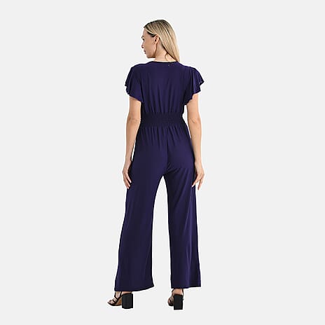 Tamsy Smocked Waist Stretch Jersey Jumpsuit (Size L) - Dark Blue