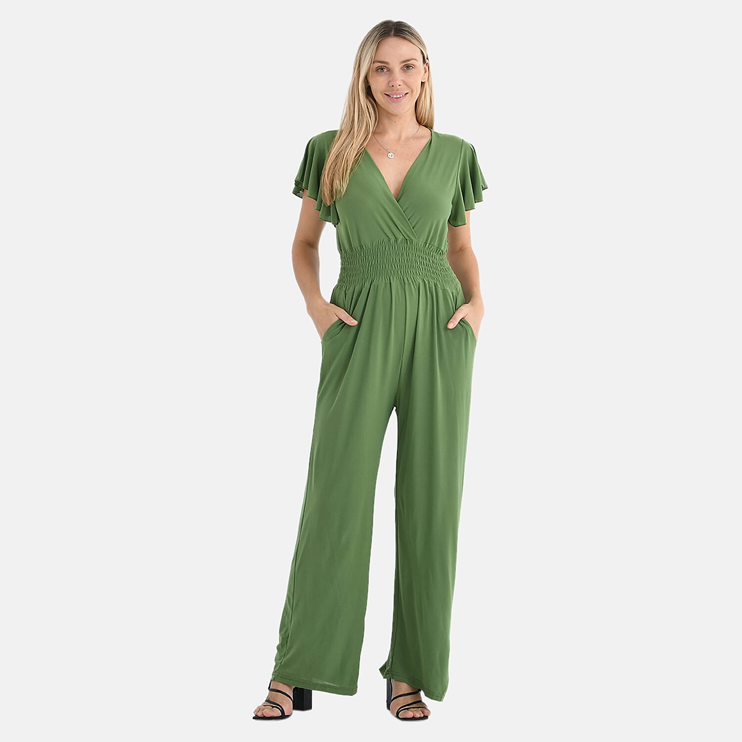 Tamsy Smocked Waist Stretch Jersey Jumpsuit (Size M) - Black