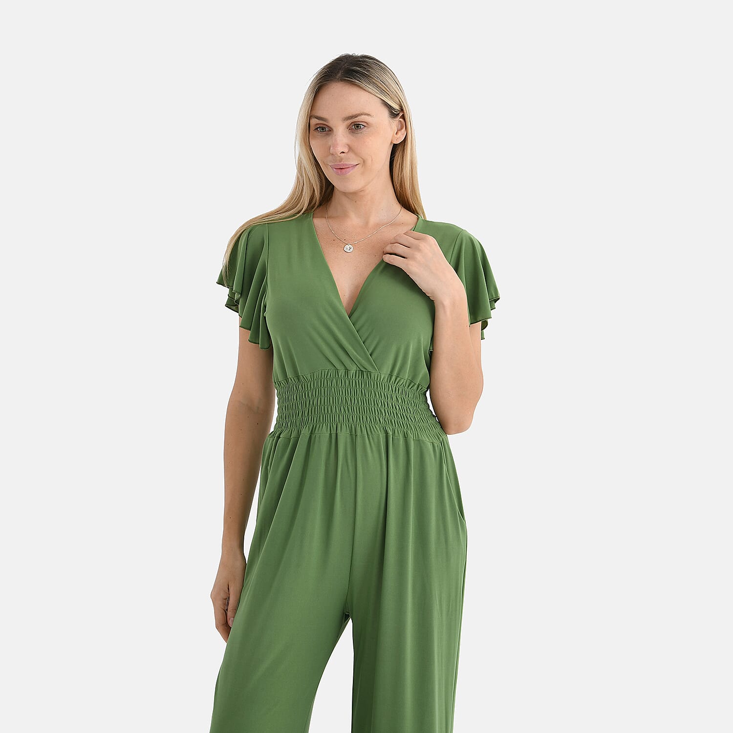 Tamsy Smocked Waist Stretch Jersey Jumpsuit (Size M) - Black