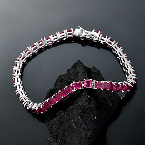 African Ruby Tennis Bracelet (Size - 7) with GB Lock Box in Rhodium Overlay Sterling Silver 22.23 Ct, Silver Wt. 9.64 Gms.