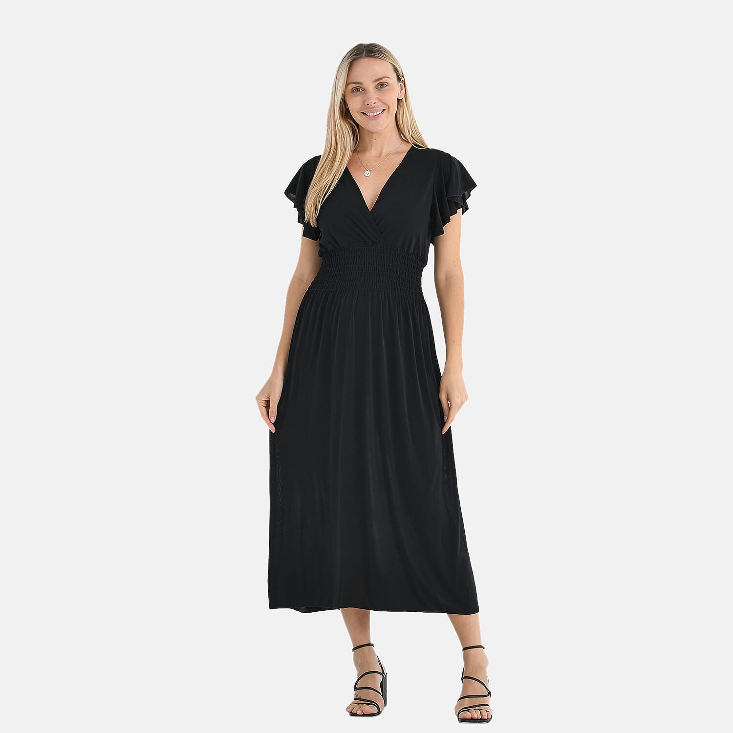 Tamsy Flutter Sleeves Smocked Midi Dress (One Size) - Black