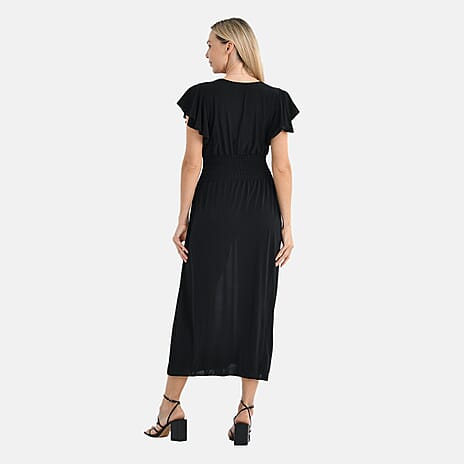 Tamsy Flutter Sleeves Smocked Midi Dress (One Size Curve) - Black