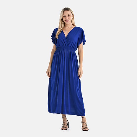 Tamsy Flutter Sleeves Smocked Midi Dress (One Size) - Blue