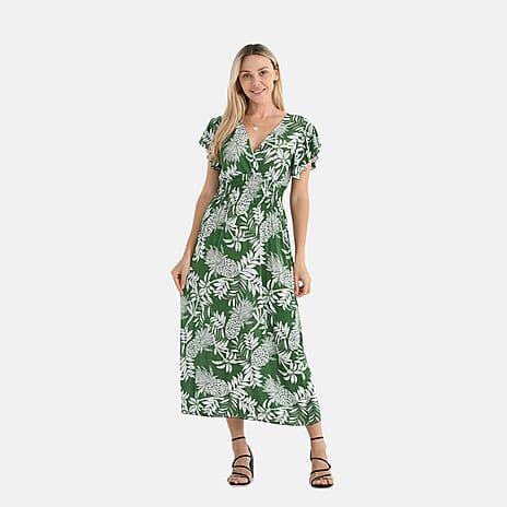 Tamsy Flutter Sleeves Flowers Print Smocked Midi Dress (One Size) - Green With White