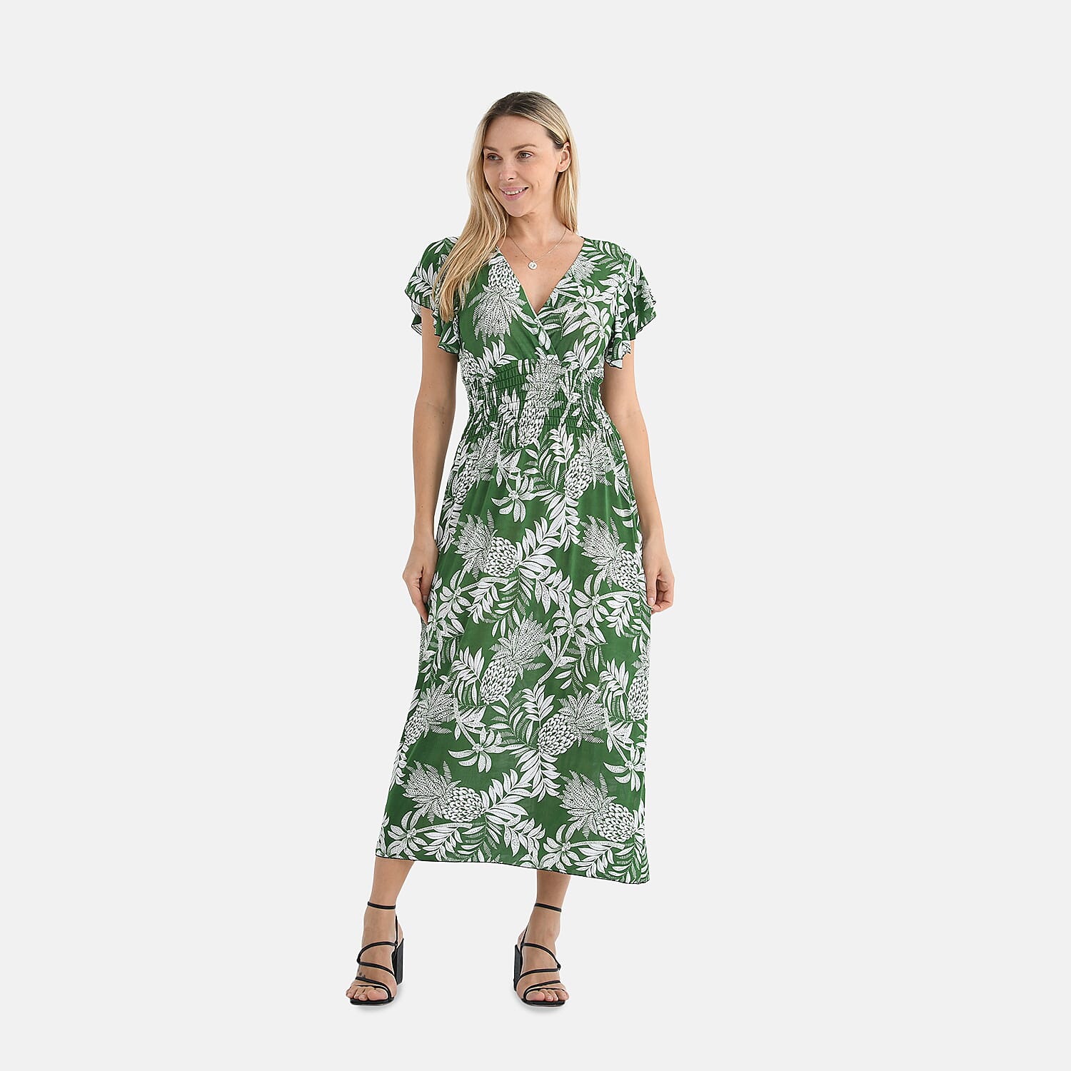 Tamsy Flutter Sleeves Smocked Midi Dress (One Size) - Black