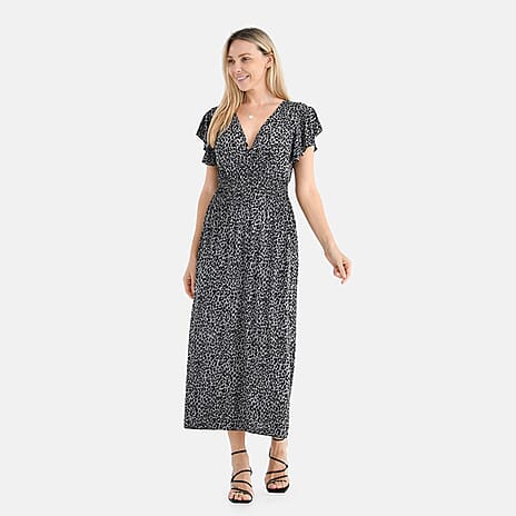 Tamsy Flutter Sleeves Leopard Print Smocked Midi Dress (One Size) - Black Tamsy Flutter Sleeves Leopard Print Smocked Midi Dress (One Size) - Black