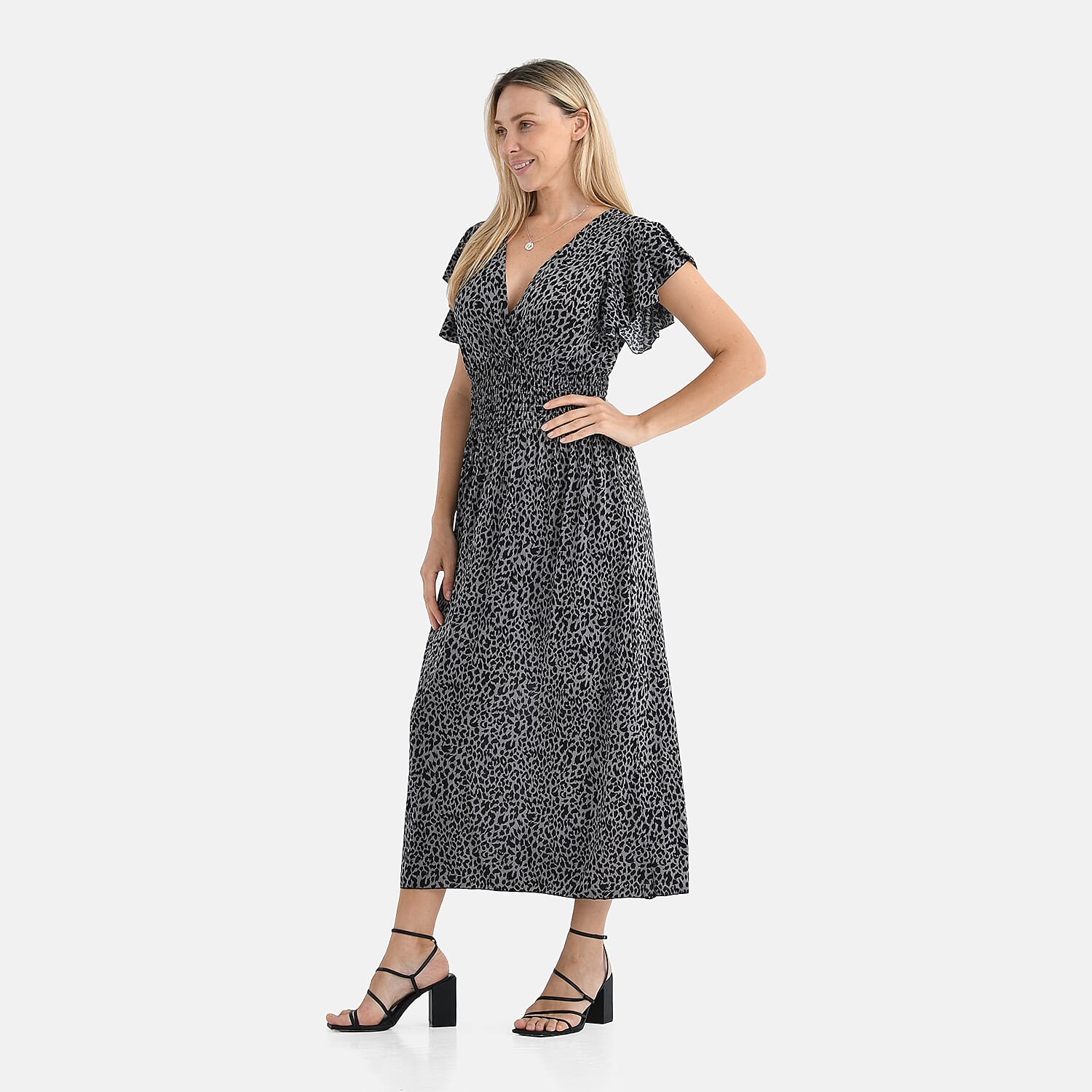 Tamsy Flutter Sleeves Smocked Midi Dress (One Size) - Black