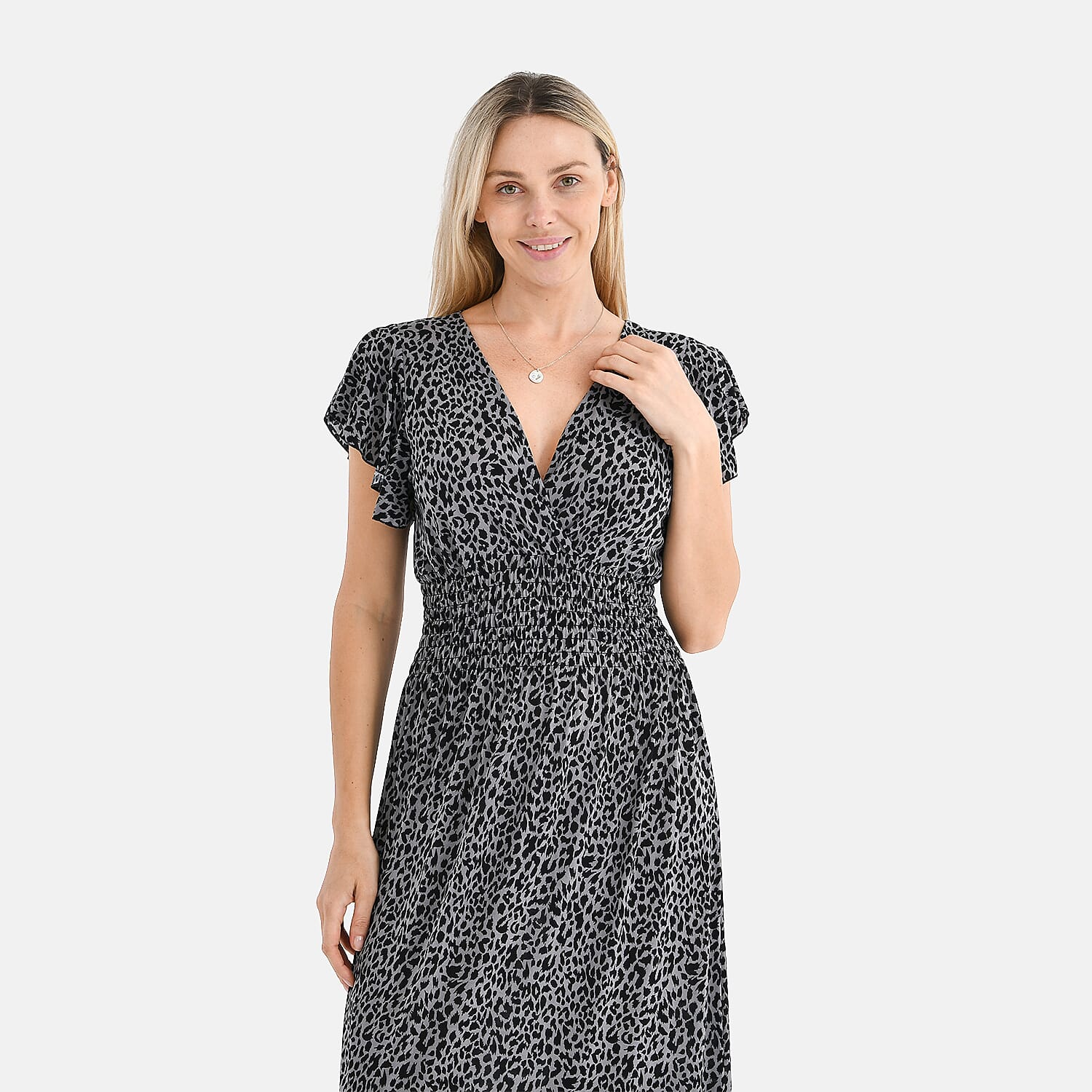 Tamsy Flutter Sleeves Smocked Midi Dress (One Size) - Black