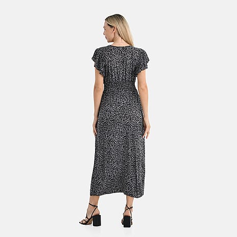 Tamsy Flutter Sleeves Leopard Print Smocked Midi Dress (One Size Curve) - Black