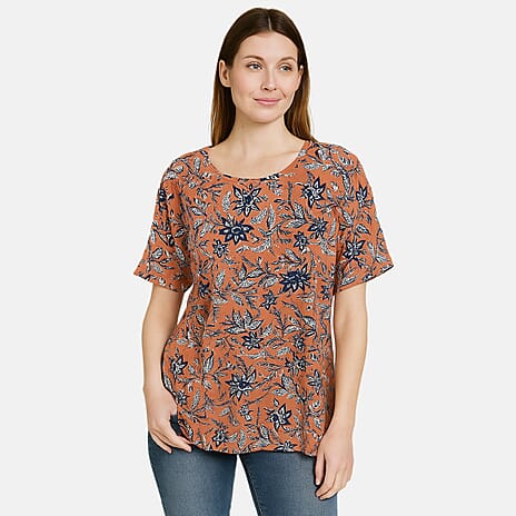 Sugar Crisp Floral Print Short Sleeve Casual Round Neck Top (Size S) - Coral