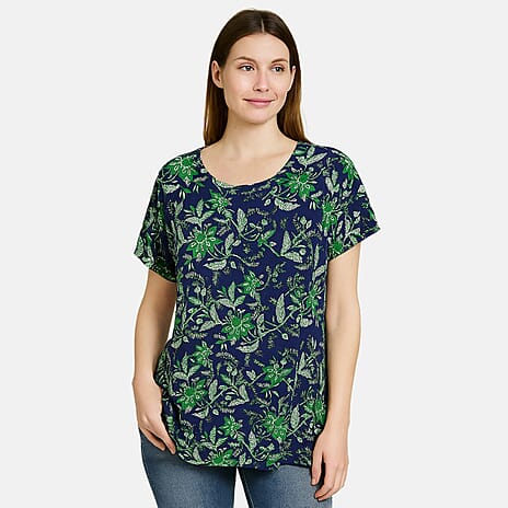 Sugar Crisp Floral Print Short Sleeve Casual Round Neck Top (Size XL) - Green