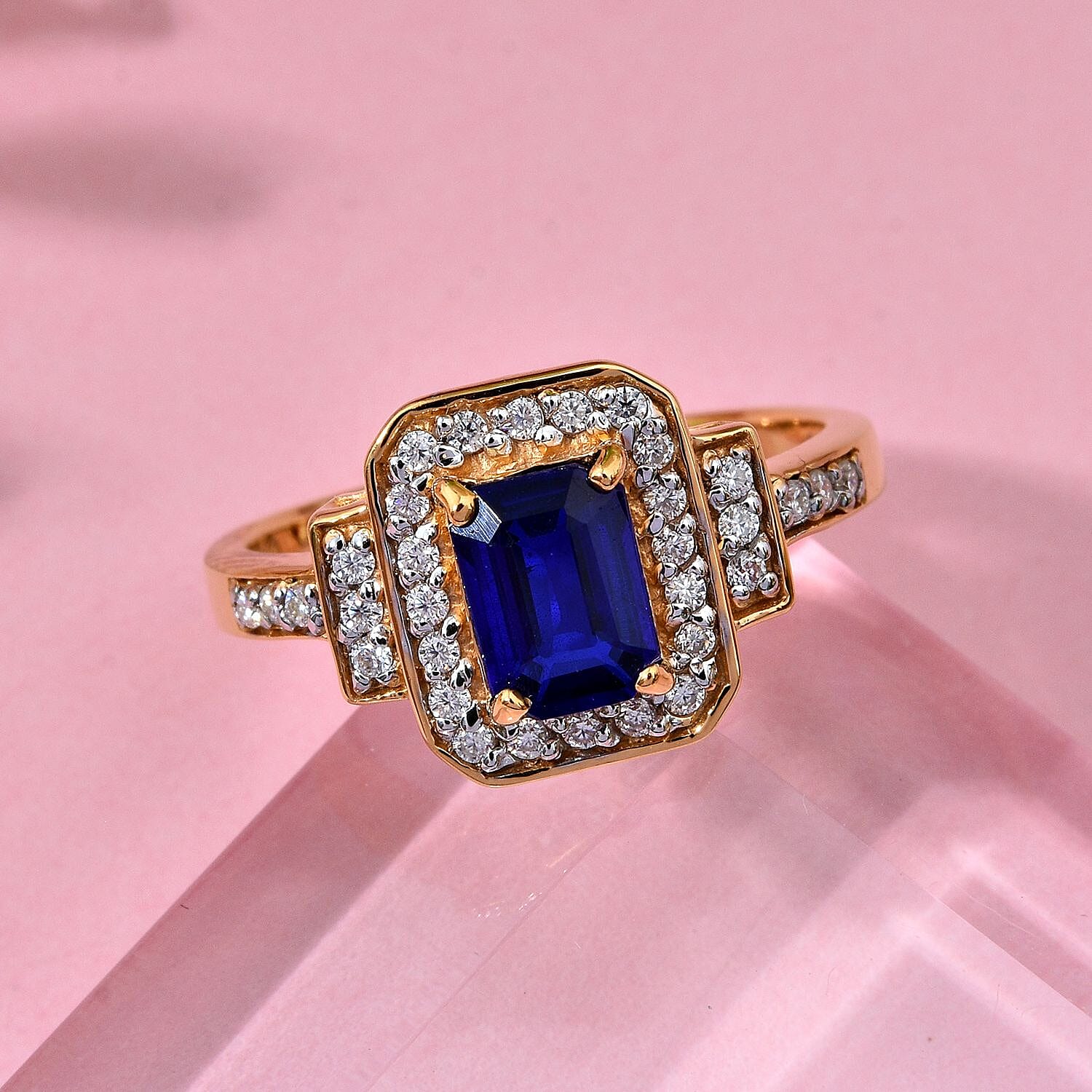 Blue Spinel & Moissanite Ring in Vermeil Yellow Gold Plated Sterling Silver 1.54 Ct.