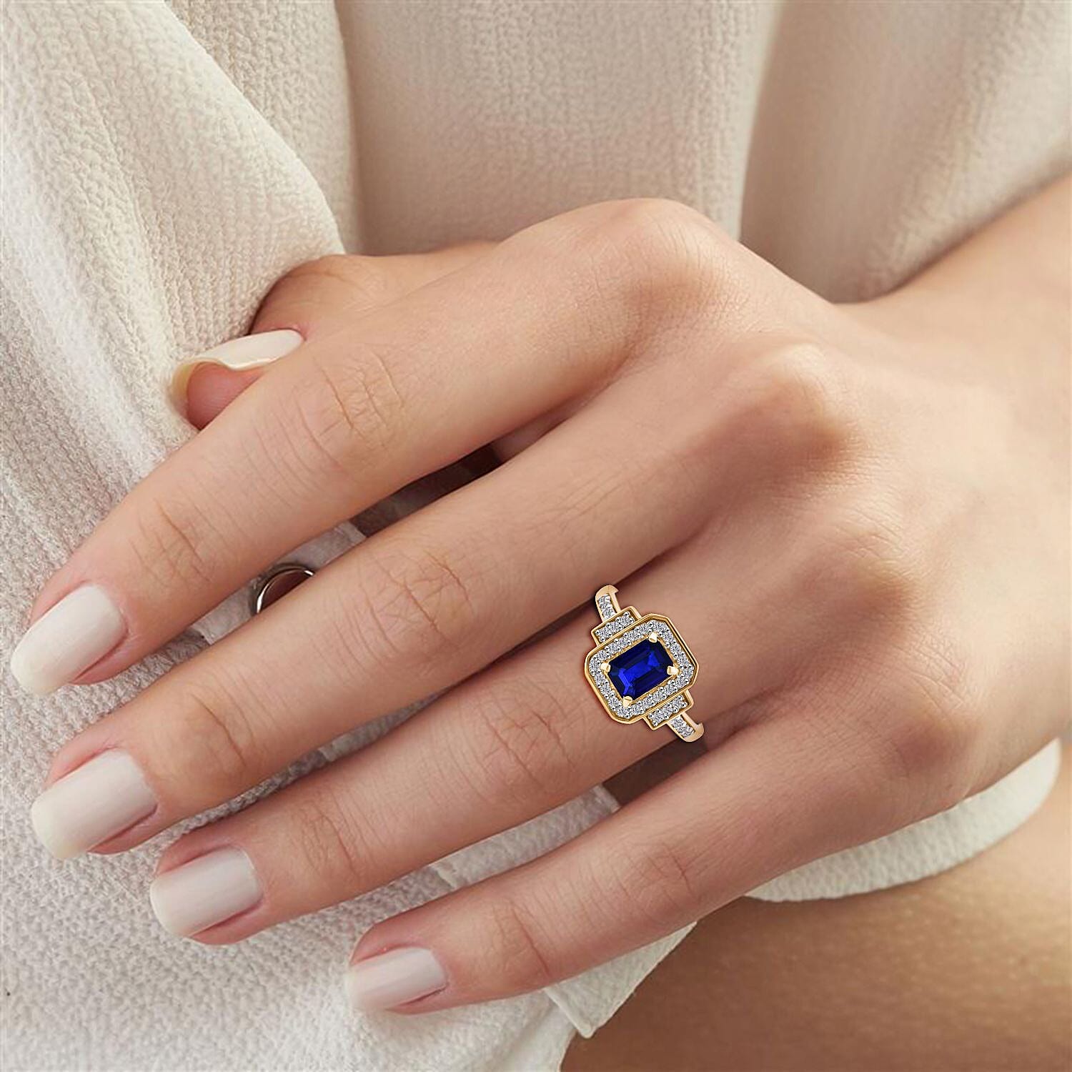 Blue Spinel & Moissanite Ring in Vermeil Yellow Gold Plated Sterling Silver 1.54 Ct.