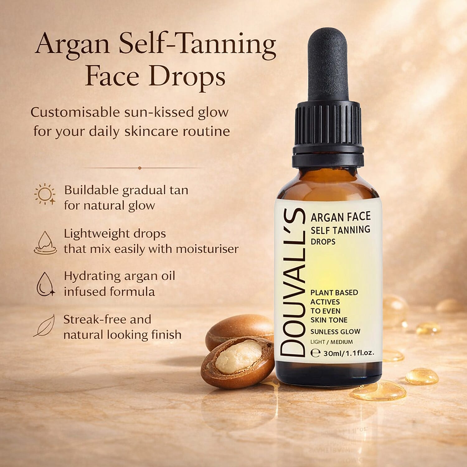 Douvalls Argan Face Self Tanning Drops (30ml) - Light-Medium