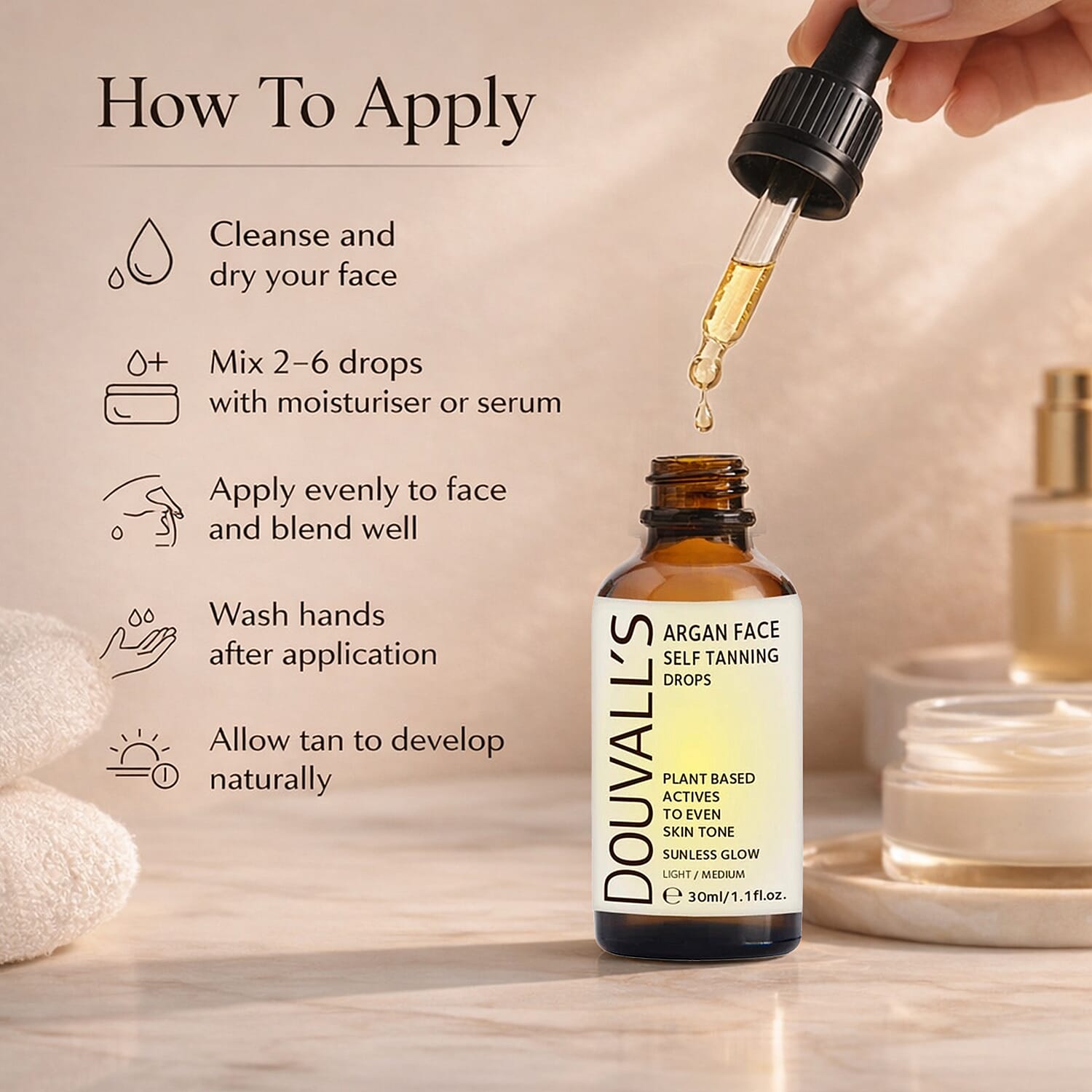 Douvalls Argan Face Self Tanning Drops (30ml) - Light-Medium