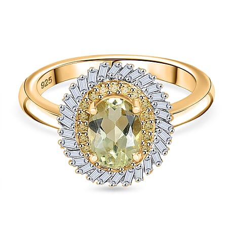 Yellow Apatite, Yellow Diamond & White Diamond Halo Ring in 18K Vermeil Yellow Gold Plated Sterling Silver 1.16 Ct.