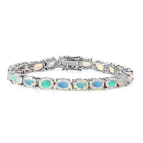 AAA Ethiopian Opal Tennis Bracelet (Size - 7) with GB Lock Box Rhodium Overlay Sterling Silver 13.42 Ct, Silver Wt.12.56 Gms.