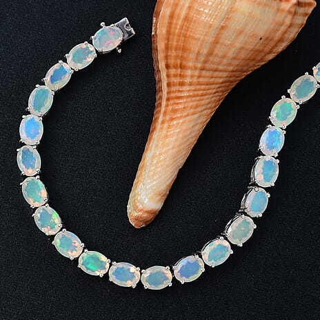 AAA Ethiopian Opal Tennis Bracelet (Size - 7) with GB Lock Box Rhodium Overlay Sterling Silver 13.42 Ct, Silver Wt.12.56 Gms.