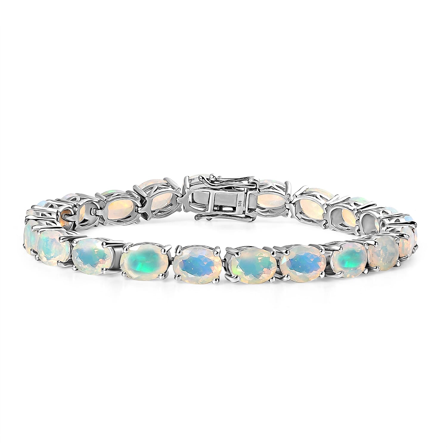 AAA Ethiopian Opal Tennis Bracelet (Size - 7)  Rhodium Overlay Sterling Silver 13.42 Ct, Silver Wt. 12.56 Gms.