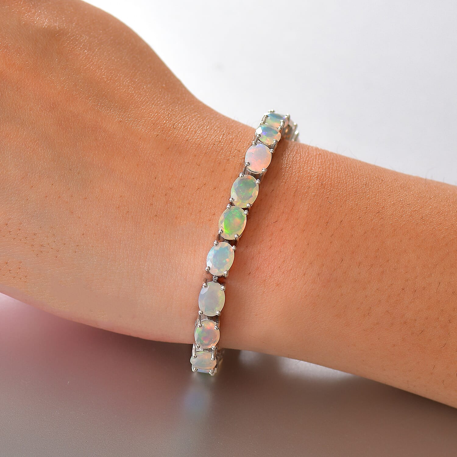 AAA Ethiopian Opal Tennis Bracelet (Size - 7)  Rhodium Overlay Sterling Silver 13.42 Ct, Silver Wt. 12.56 Gms.