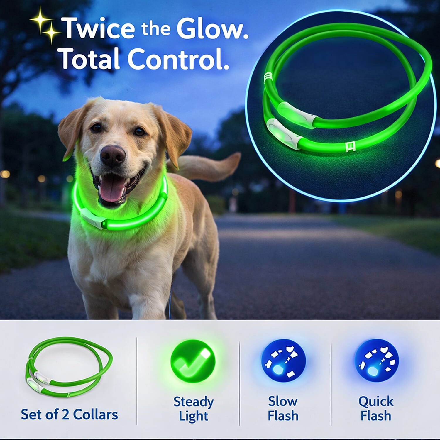Set of 2 LED Pet Glow Collars -  Green