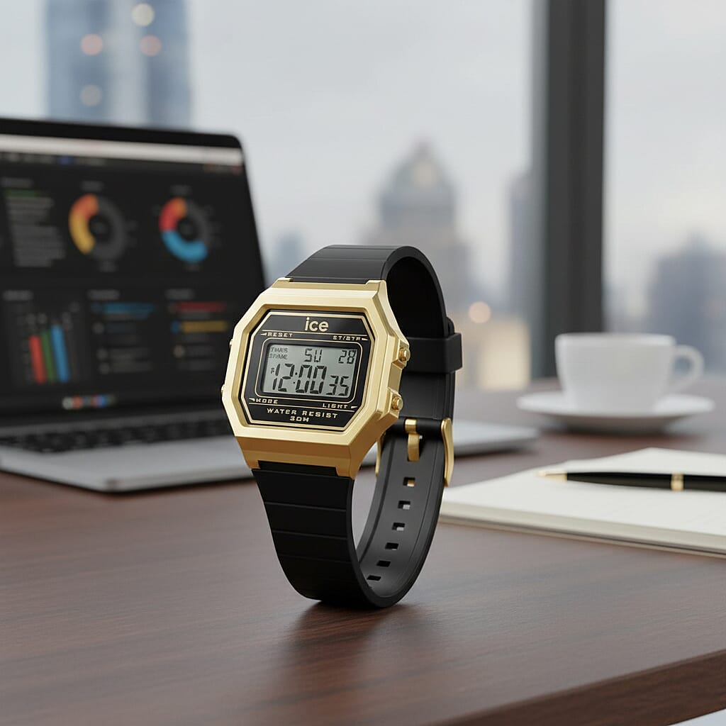 Ice Digit Retro Quartz Movt. 3ATM Water Resistance Grey Dial with Gold Colour Stainless Steel Case Unisex Watch with Black Silicone Band