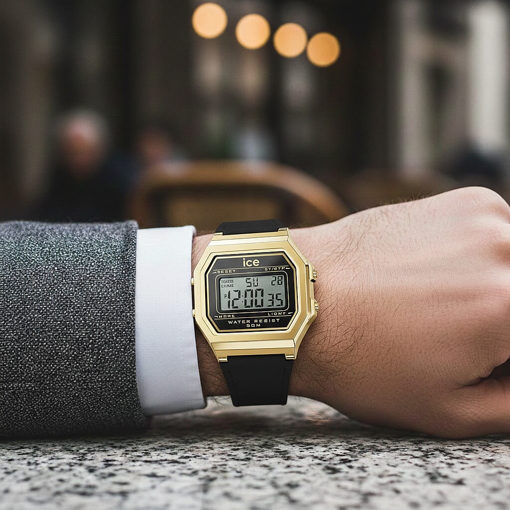 Ice Digit Retro Quartz Movt. 3ATM Water Resistance Grey Dial with Gold Colour Stainless Steel Case Unisex Watch with Black Silicone Band