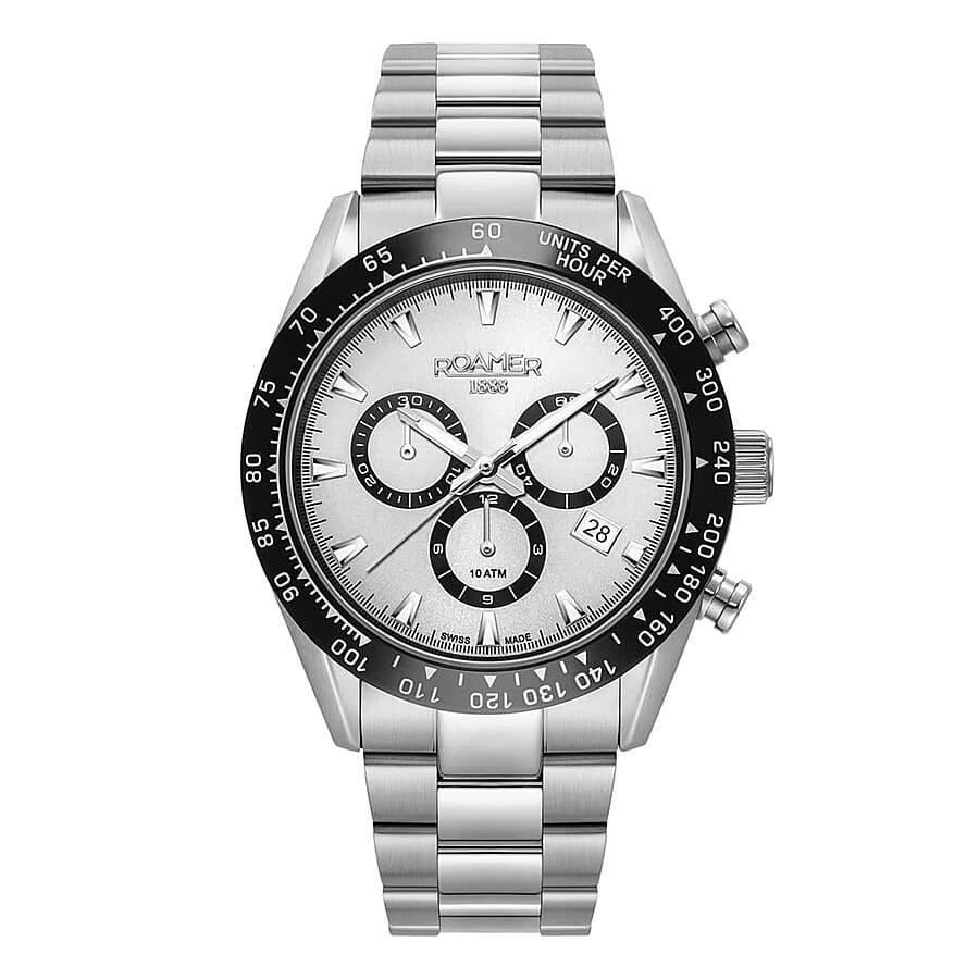 ROAMER Monza Swiss Ronda 5030 Chrono Movt. 10ATM WR Silver Colour Dial Mens Watch with Stainless Steel Strap