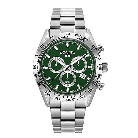 ROAMER Monza Swiss Ronda 5030 Chrono Movt. 10ATM WR Green Dial Mens Watch with Silver Colour Stainless Steel Strap