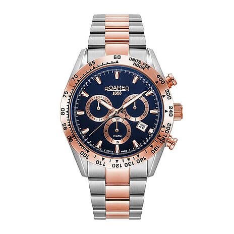 CYBER MONDAY DEAL - Monza Roamer Swiss Ronda 5030 Chrono Movt. 10ATM WR Black Dial Mens Watch with Silver and Rose Colour Stainless Steel Strap