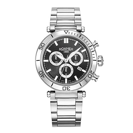 ROAMER Toscana Swiss Ronda-5030.D-A1C4 Movt. 5ATM WR Black Dial Mens Watch with Silver Colour Stainless Steel Strap