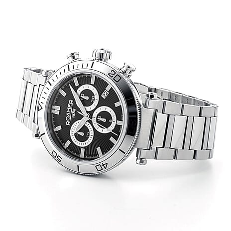 ROAMER Toscana Swiss Ronda-5030.D-A1C4 Movt. 5ATM WR Black Dial Mens Watch with Silver Colour Stainless Steel Strap
