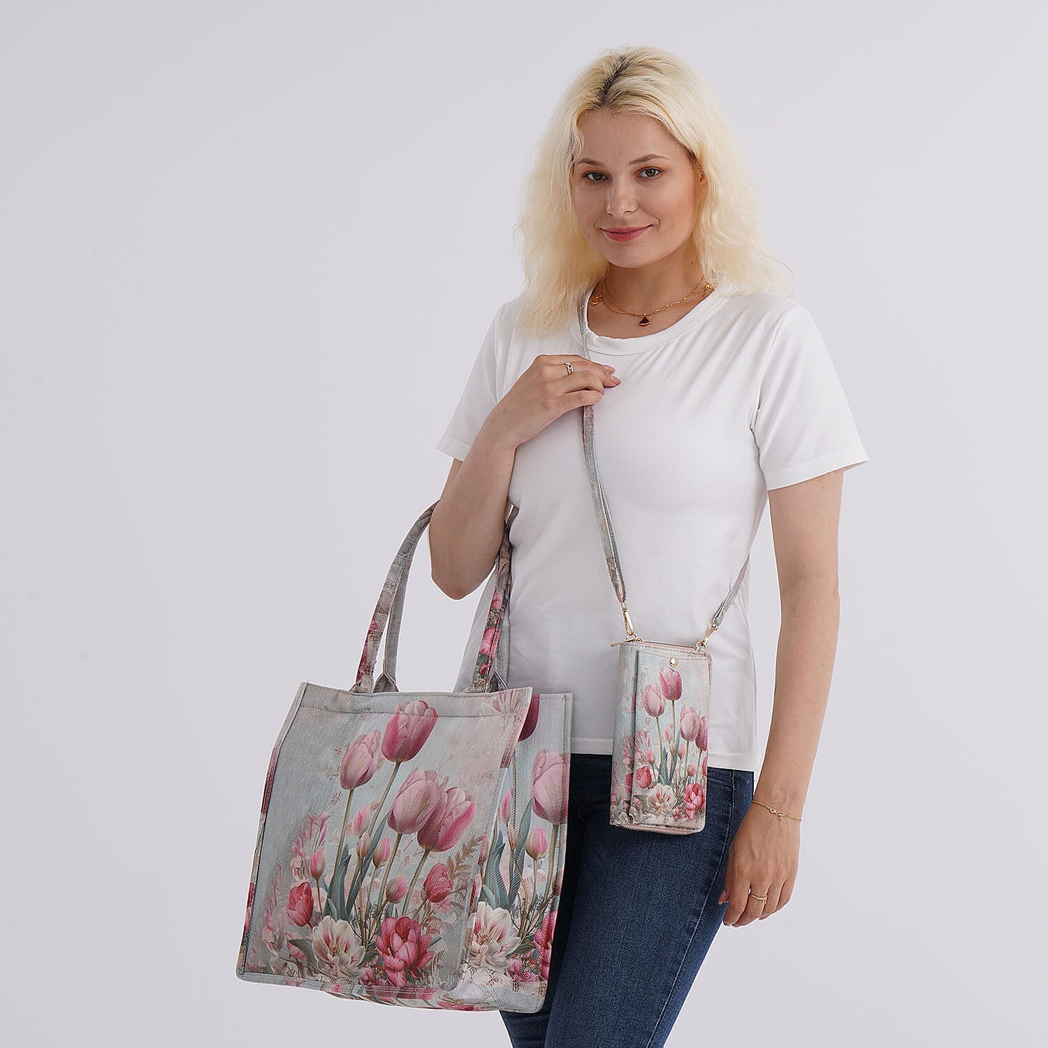 2 Piece Set - Flower Pattern Tote Bag and Crossbody Bag