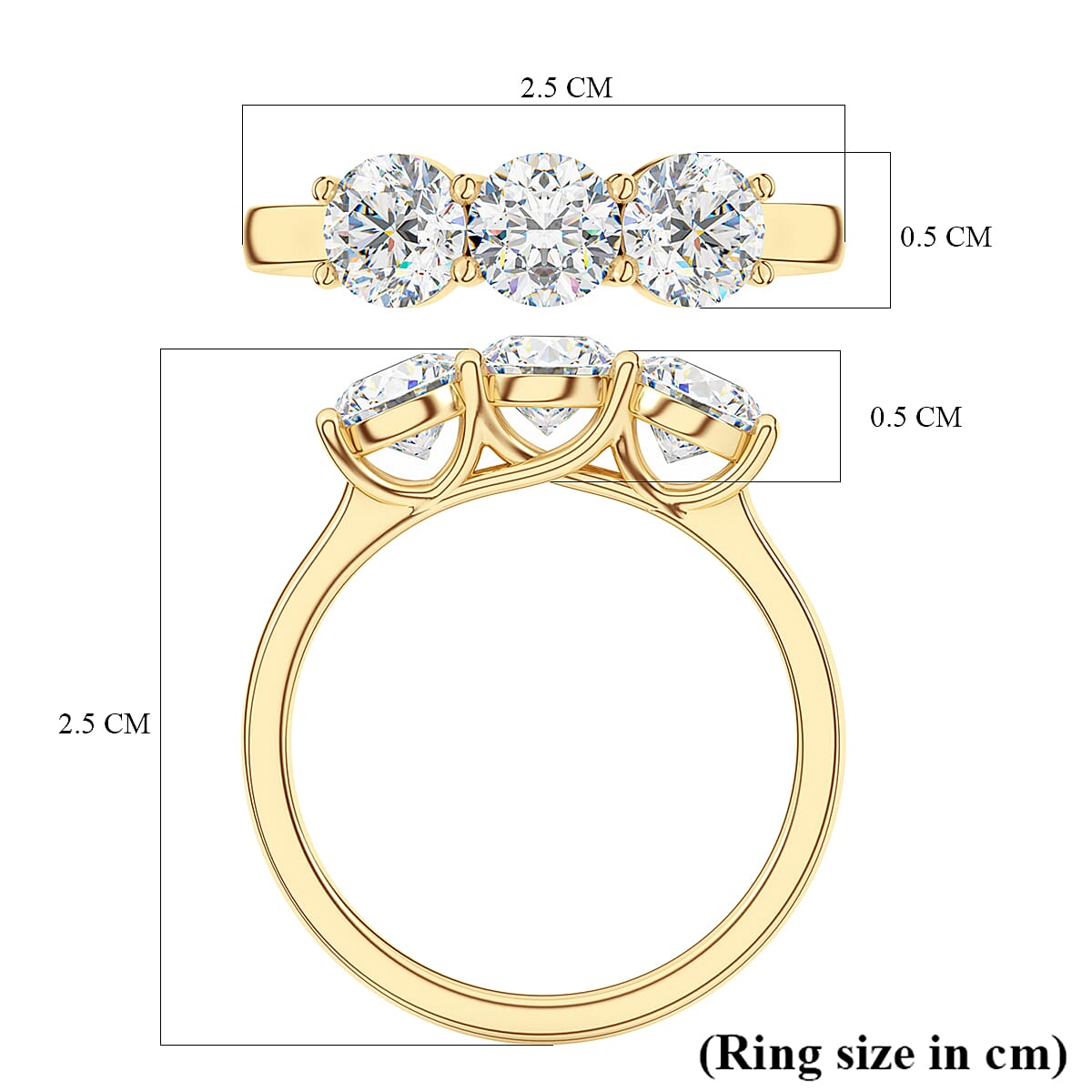 9K Yellow Gold Moissanite 3 Stone Ring 2.52 Ct, Gold Wt. 2.75 Gms.