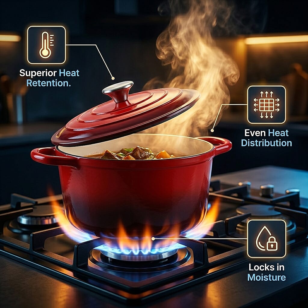 Cast Iron Round Casserole with Lid - 4L Capacity (24x32x10.7cm) - Burgundy