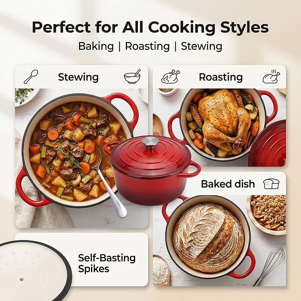 Cast Iron Round Casserole with Lid - 4L Capacity (24x32x10.7cm) - Burgundy